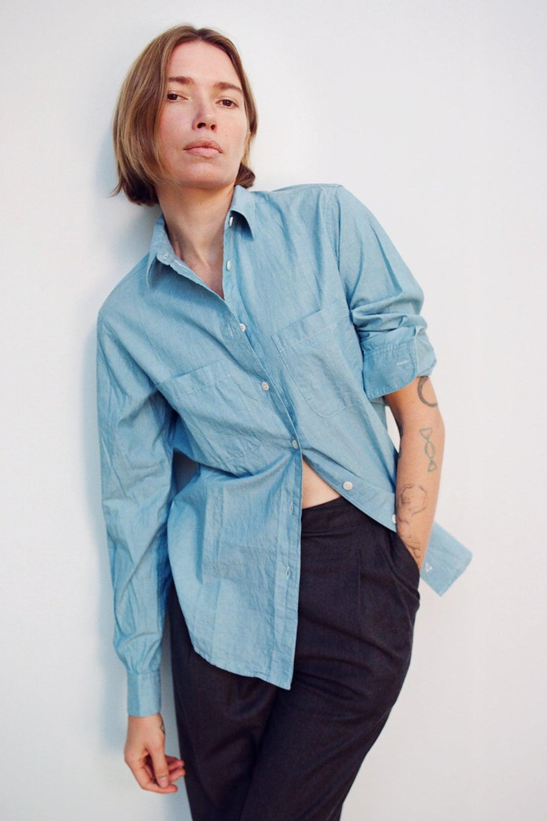 Work Shirt in organic cotton chambray, linen & rws merino by 4 in Shirts & Tops