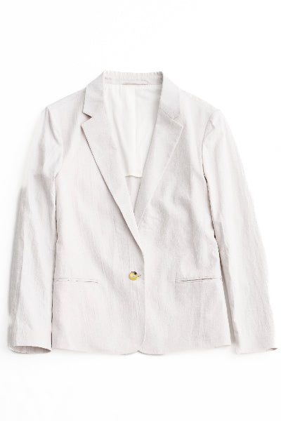 light stone grey organic cotton and linen blazer with a natural horn button, notched collar by four objects