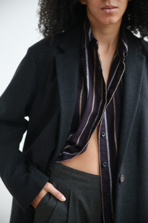 FOUR OBJECTS BLAZER OVER AUBERGINE BRUSHED COTTON WORK SHIRT AND TROUSER