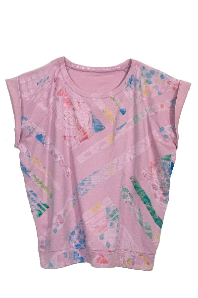 A pink organic cotton tee with multicolored hand patterns and embroidery details by artist marusya for four objects