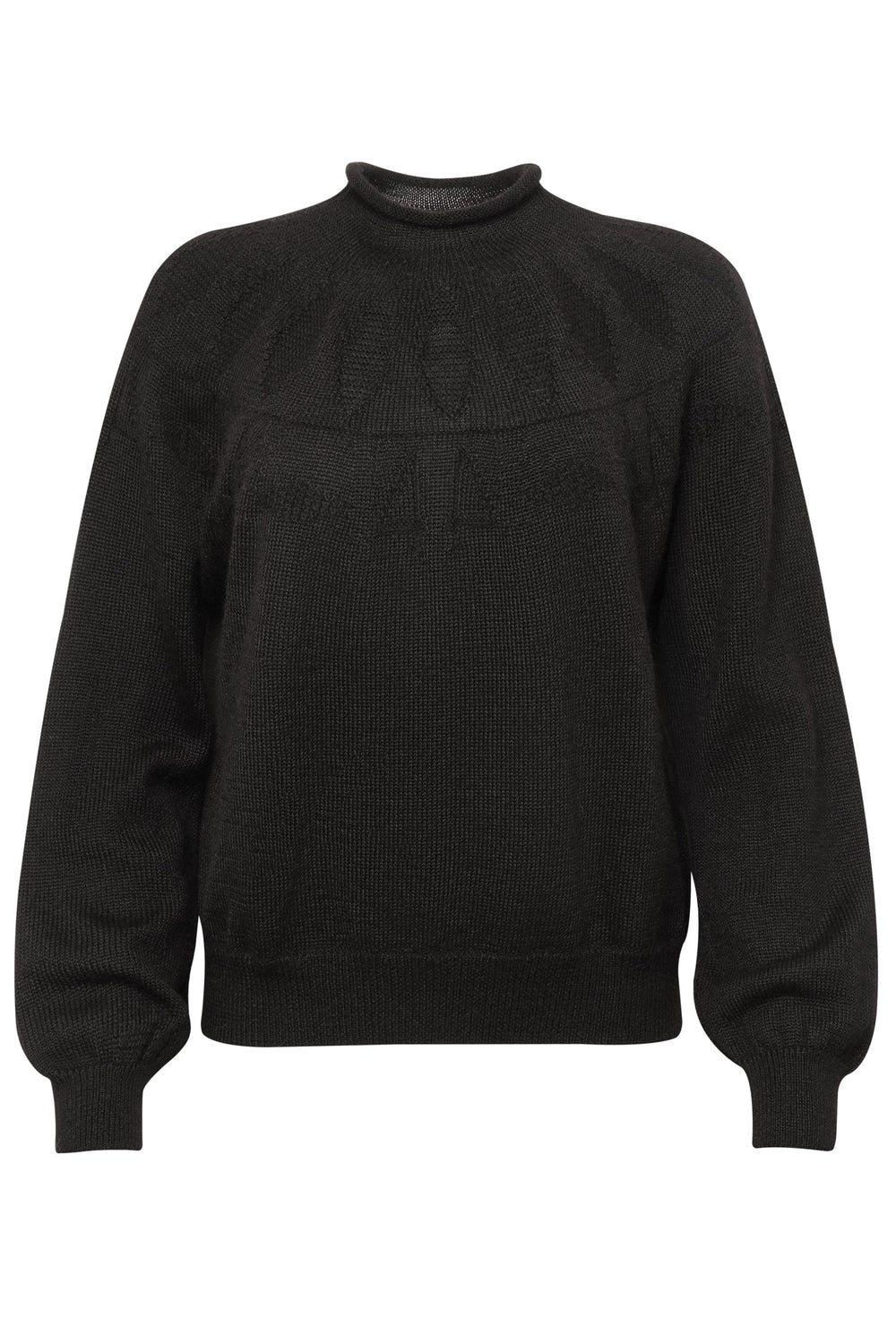 UNDYED BLACK ALPACA FAIR ISLE SWEATER WITH BLOUSON SLEEVES AND SHORT ROLL NECK