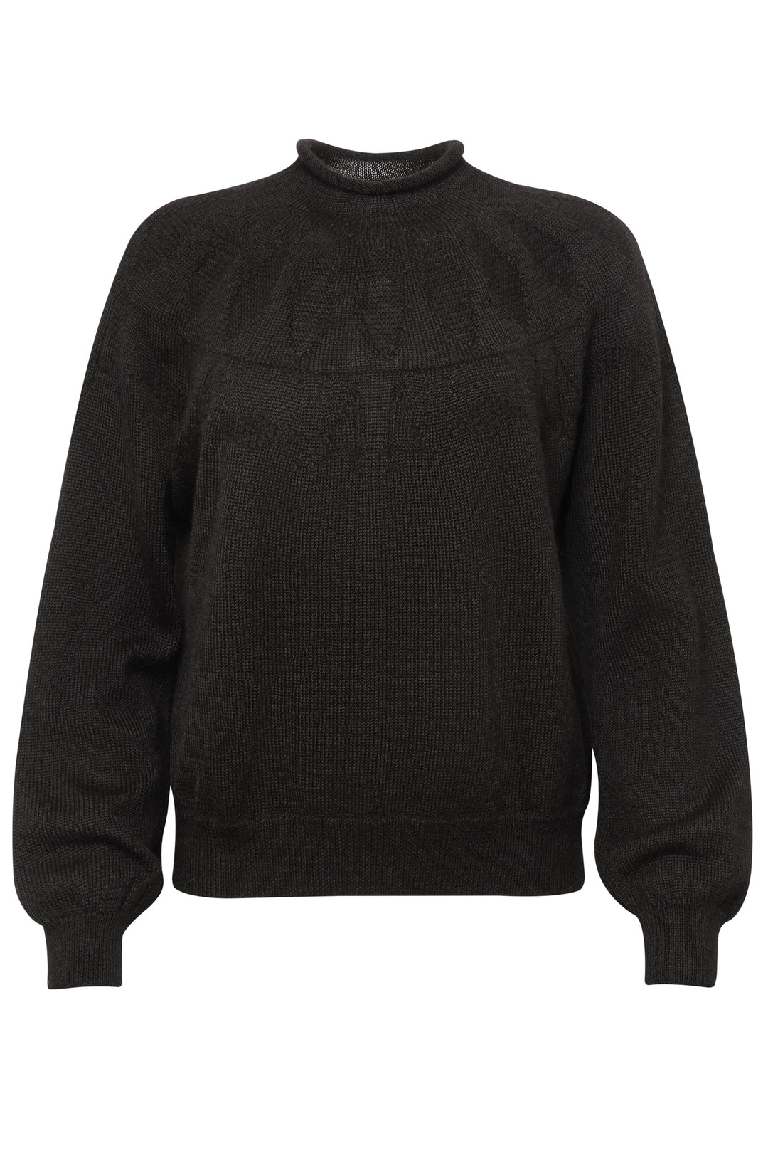 UNDYED BLACK ALPACA FAIR ISLE SWEATER WITH BLOUSON SLEEVES AND SHORT ROLL NECK
