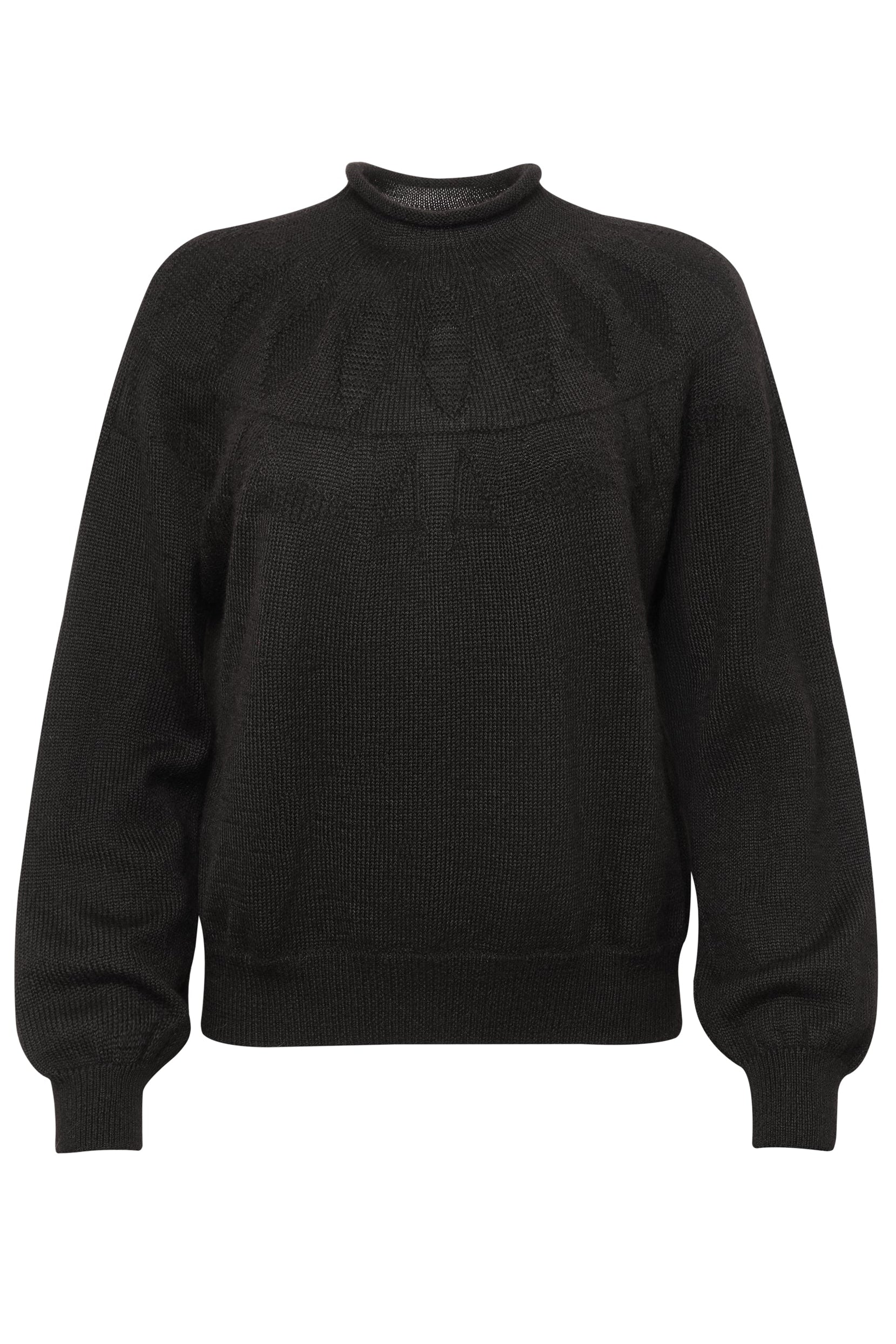 UNDYED BLACK ALPACA FAIR ISLE SWEATER WITH BLOUSON SLEEVES AND SHORT ROLL NECK