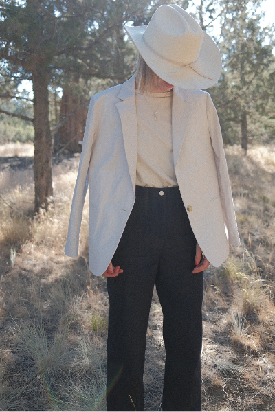 LINEN BLAZER OVER ORGANIC TEE WITH INDIGO UTILITY PANTS