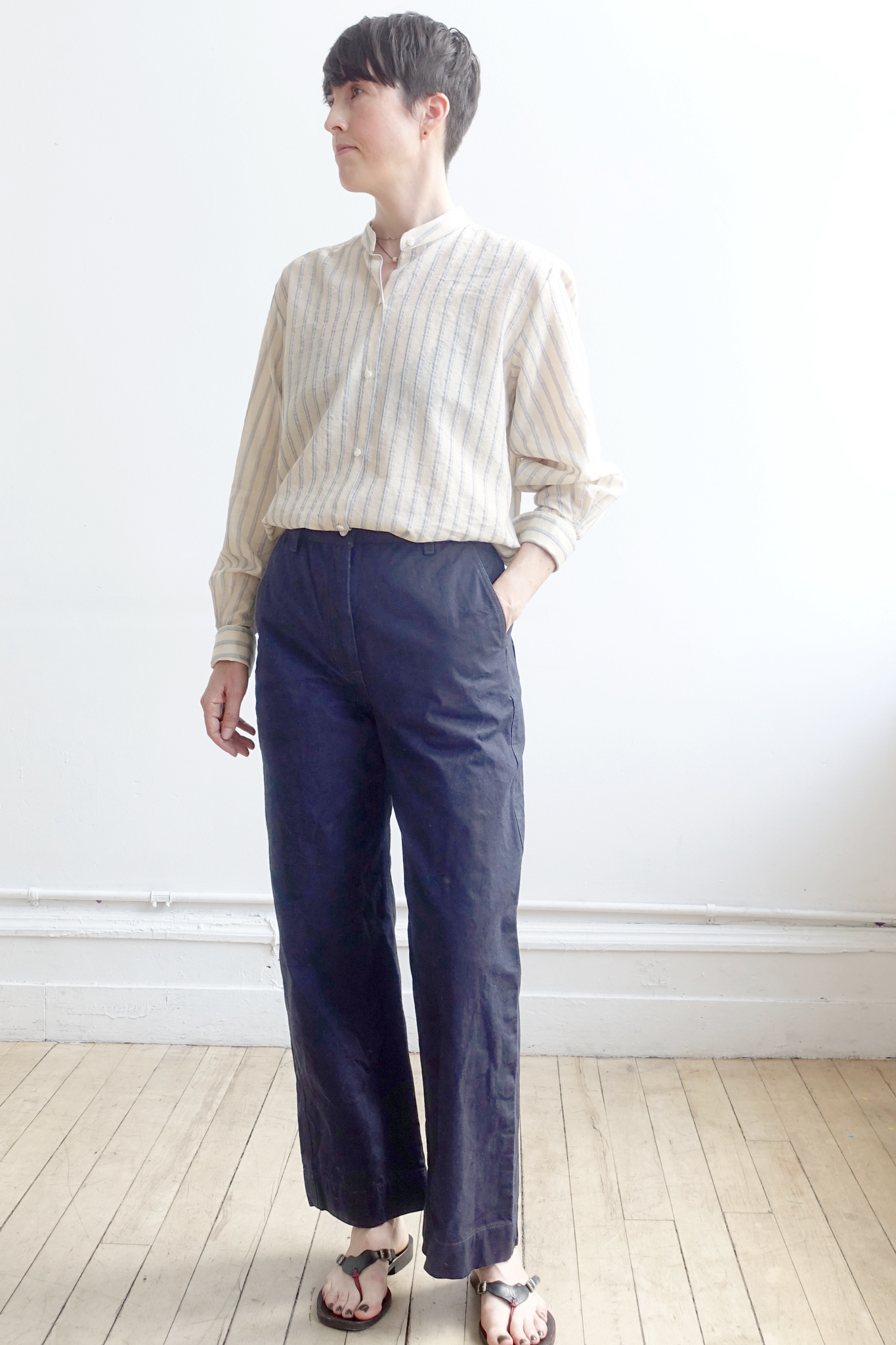 FOUR OBJECTS INDIGO UTILITY PANT AND SILK ARCHIVE SHIRT