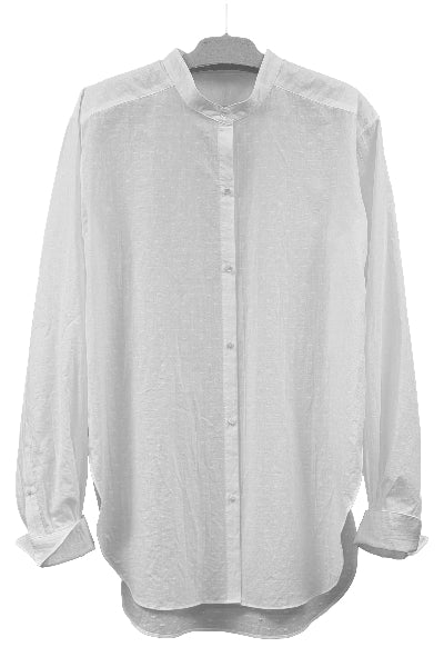 White button-up shirt on a hanger against a white background
