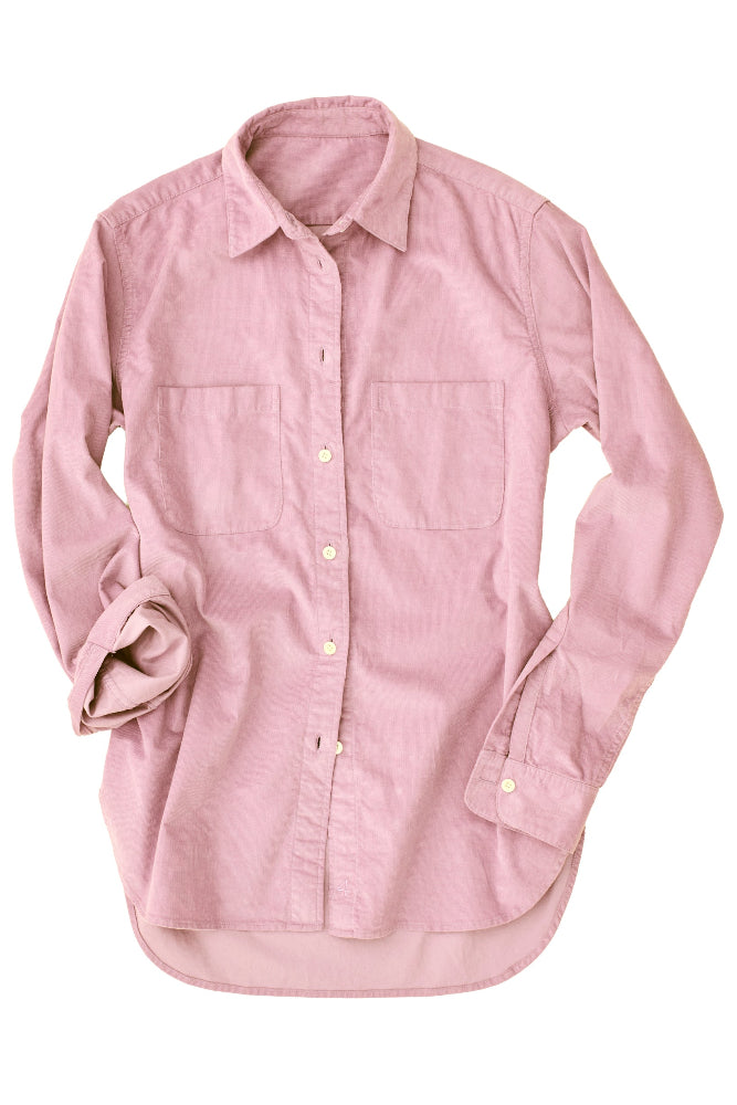 light pink button up shirt woven in yak and cotton with natural corozo buttons